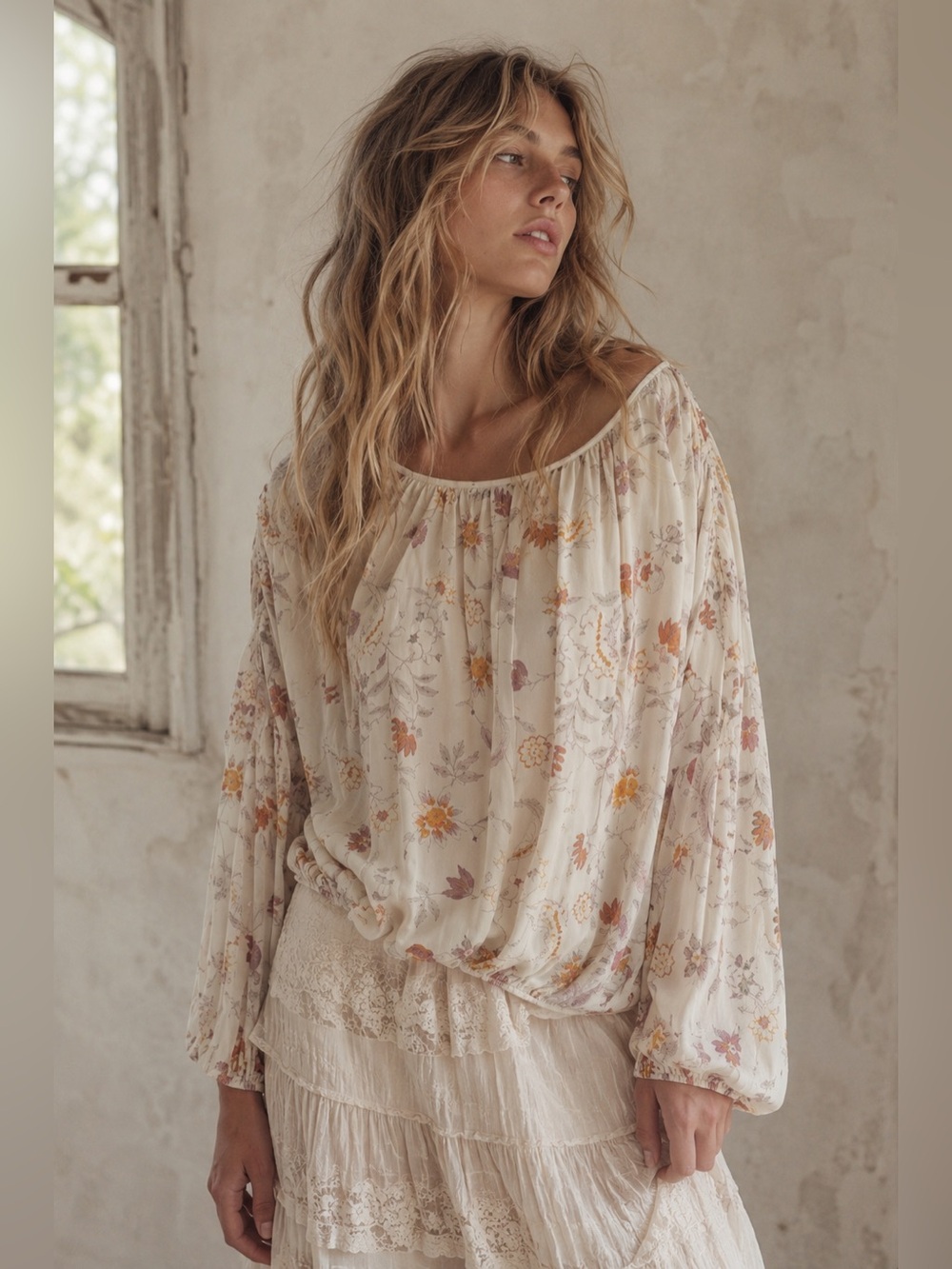 Free People Floral Wildflower Honey Blouse Top Size Small Ivory Orange Boho